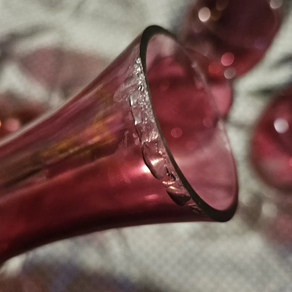 Ruby Red Etched Glass Decanter Set - 6 Stemmed Glasses